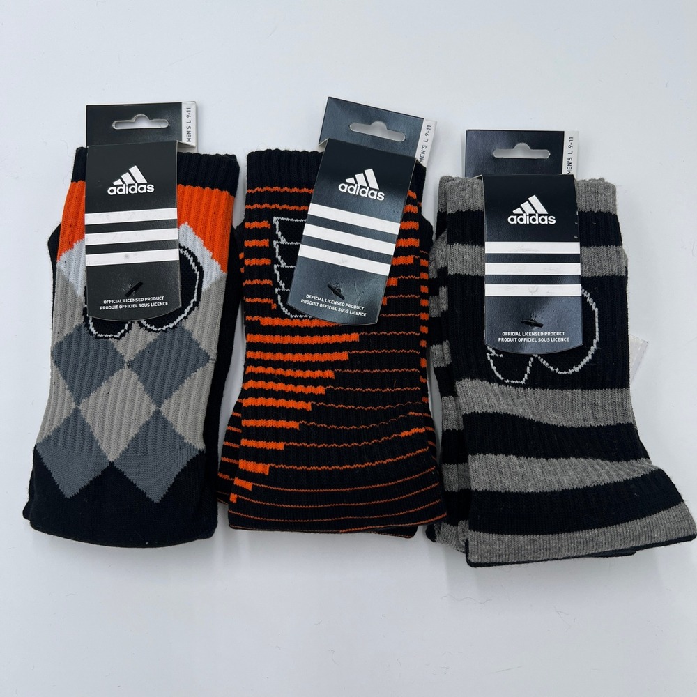 Adidas Philadelphia Flyers Mens Crew Socks 3 Pack Black Orange Grey L 9-11‎